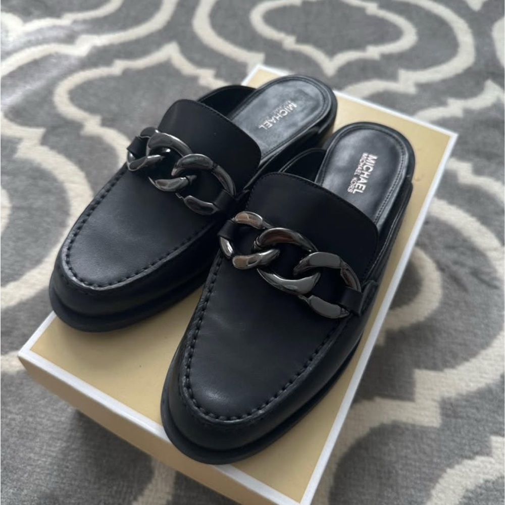 Michael Kors Black Slip-On Loafers with Silver Chain